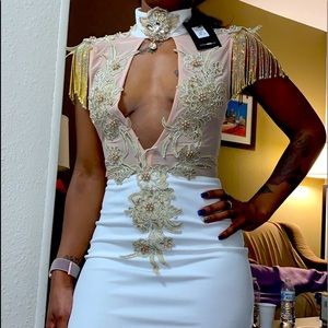 Luxury crystal sheer gold and white pearl dress